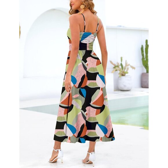 Women's Multi Color Floral Adjustable Spaghetti Strap Floral Beach Long Maxi - Picture 3 of 6